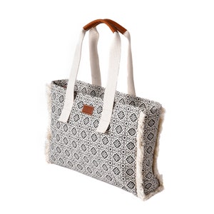 Black and white print canvas and leather tote bag, large tote, shoulder bag.