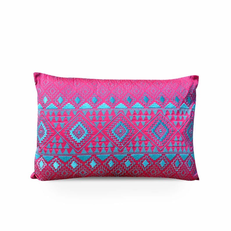 KIlim pattern embroidered pillow cover, hot pink and turquoise, Polytafetta pillow cover, size 14X21 inch image 1