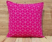 Bright pink throw pillow cover, cotton cushion, embroidered geometric pattern, bohemian, moroccan, standard size 16"X 16"