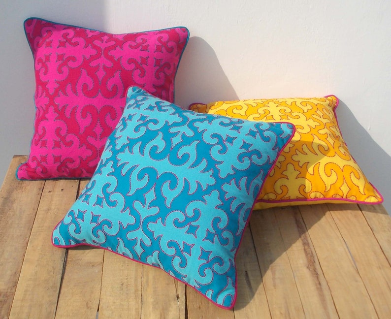 Bright Pink Pillow Cover Moroccan Print With Embroidery Etsy