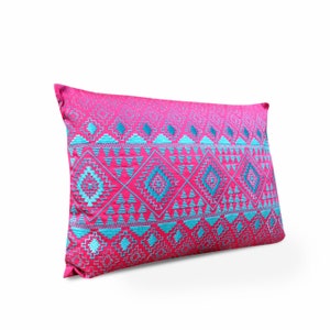 KIlim pattern embroidered pillow cover, hot pink and turquoise, Polytafetta pillow cover, size 14X21 inch image 2