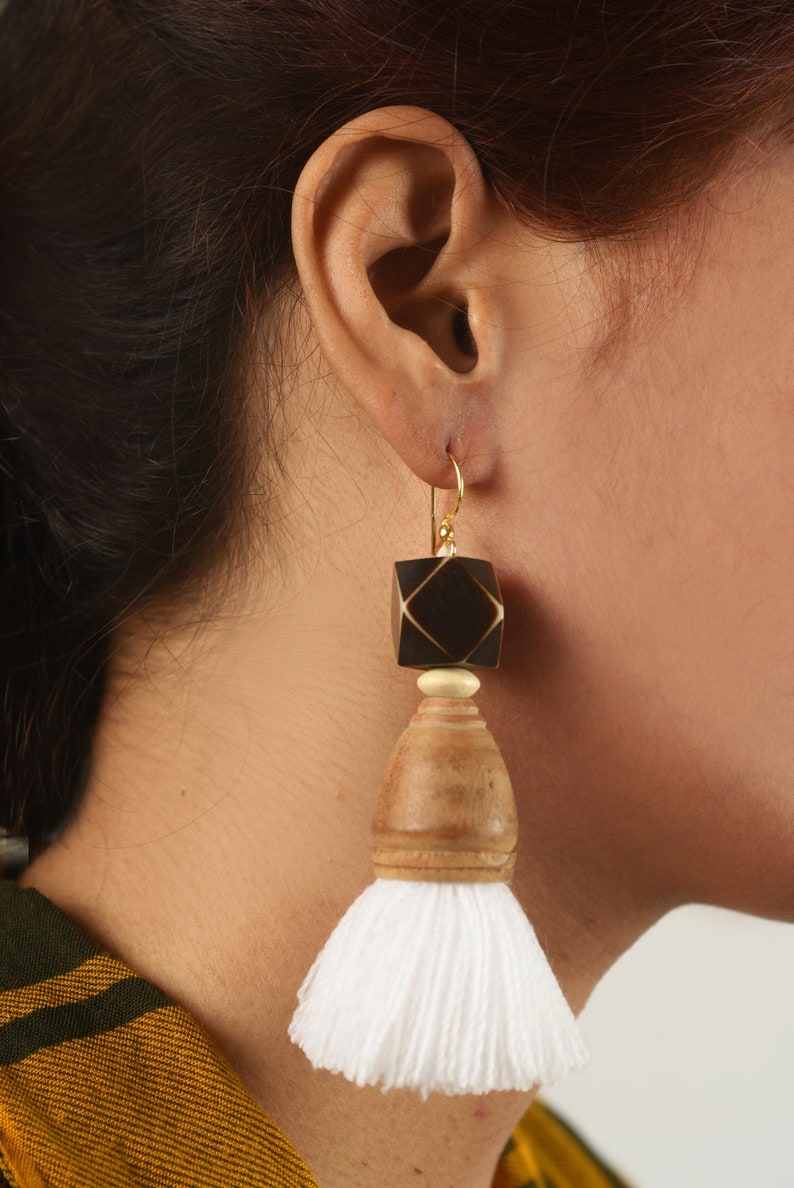 threader earring tassel earrings tribal jewelry White boho earrings Bohemian earring with wood cone and wood bead