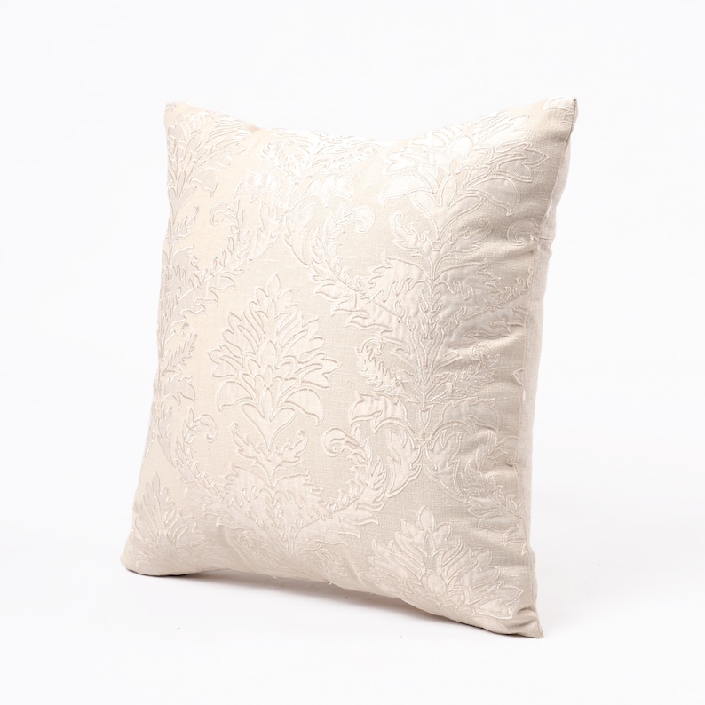 Off White Damask pattern applique and Embroidery pillow cover, Linen blend fabric, available in 16X16 inches, custom sizes on request image 2