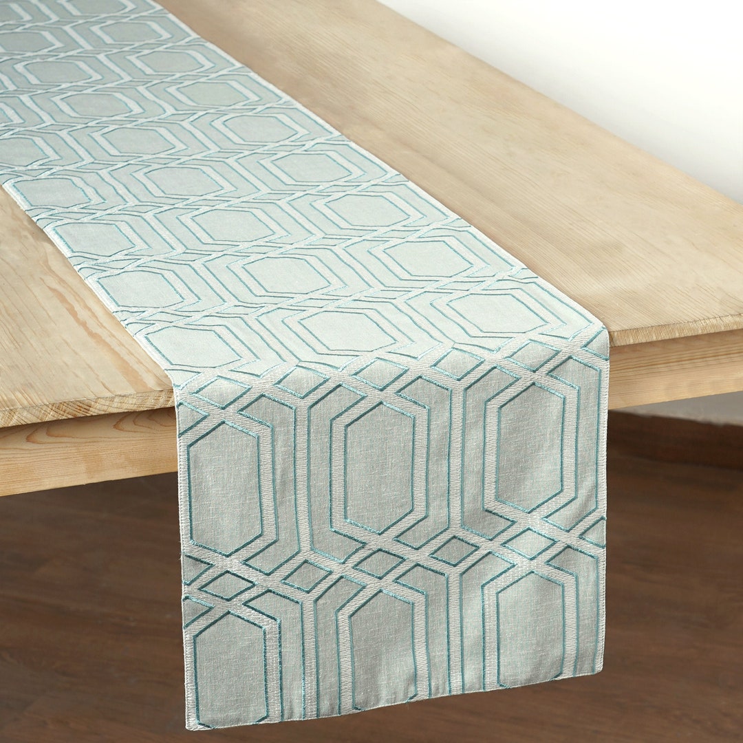 Sage Green Ogee Pattern Embroidery Table Runner Linen Blend Etsy