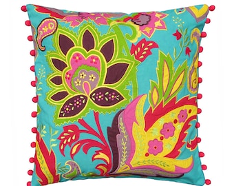 Turquoise Stylized Floral  embroidered cushion cover