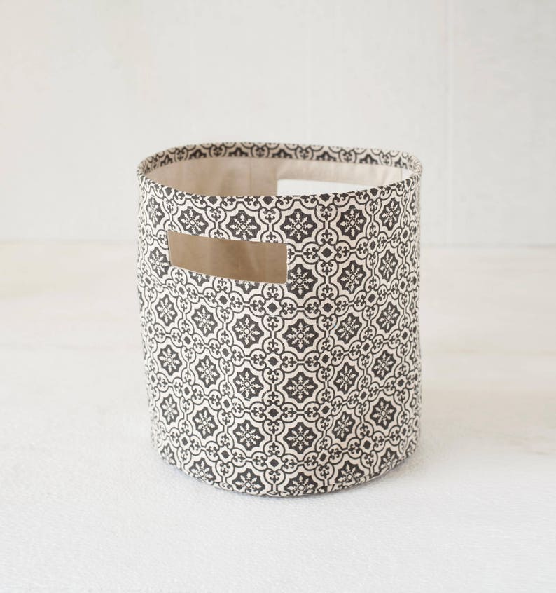 Canvas basket, tile print, black and white, storage basket, fabric bin, sizes available image 1