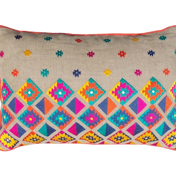 Colorful bohemian style linen pillow cover embroidered moroccan pillow case tribal indian cushion cover peruvian aztec pillow ethnic