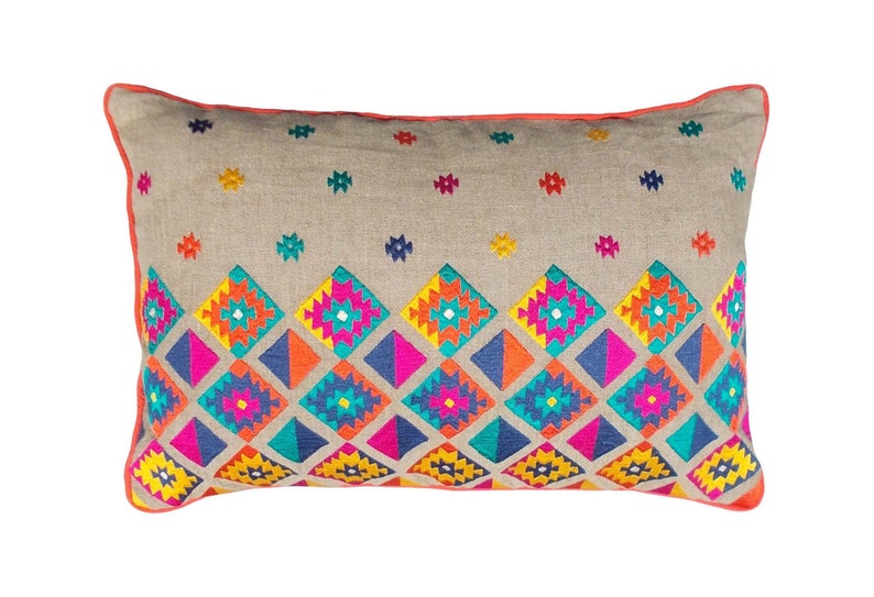 Colorful bohemian style linen pillow cover embroidered moroccan pillow case tribal indian cushion cover peruvian aztec pillow ethnic image 1