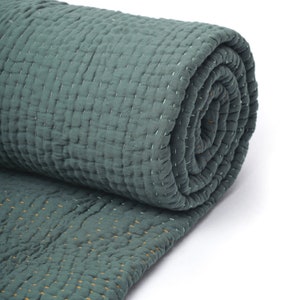Olive Green cotton Kantha Quilt, hand quilted with 4 layer muslin gauze, sizes available