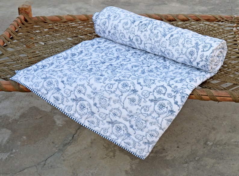 Quilted Bedspread Blue Swirl Print Cotton Quilt Victorian Etsy