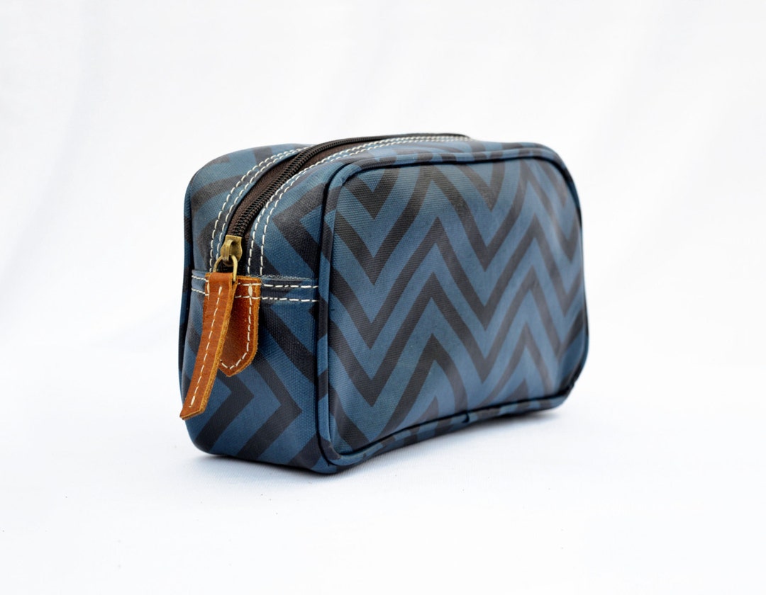 Blue Toiletry Bag, Chevron Print, Laminated Bag, Leather Trims, Make up ...