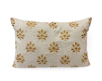 ZARI BAAG - Pure Linen Pillow Cover with Metallic Applique - 14X21 inches