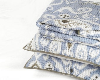 BLUE IKAT print Kantha quilt - stripe pattern quilting - Quilt set / Quilt / Pillow case available