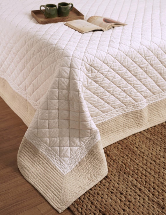 Buy Natural and White Quilted Bedspread, Diamond Pattern, Cotton
