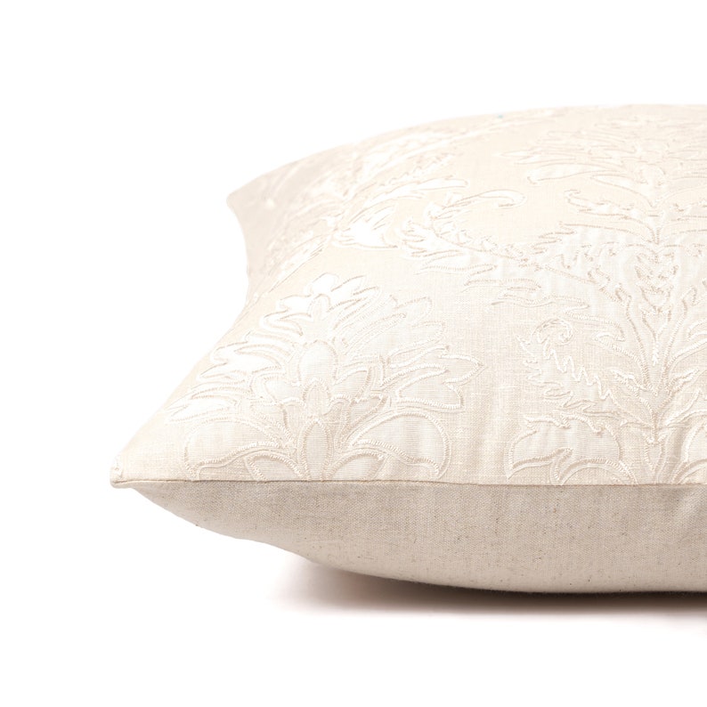 Off White Damask pattern applique and Embroidery pillow cover, Linen blend fabric, available in 16X16 inches, custom sizes on request image 4