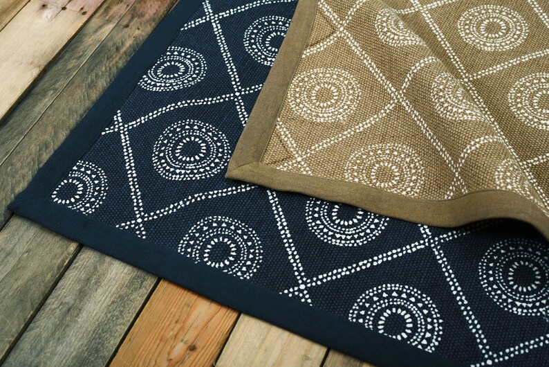 Indigo Cotton Printed Rug, Geometric Tribal Print, Rustic Decor (24x36 ...