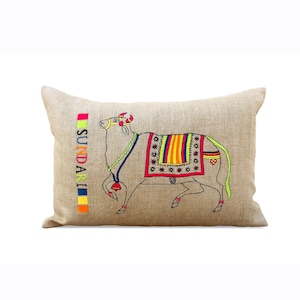 linen pillow cover, Indian cow embroidered in multicolour,boho pillow