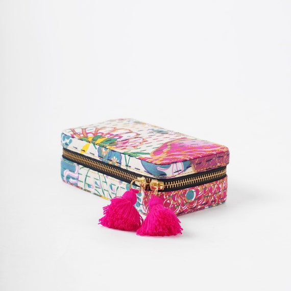 Red - Bengal Kantha Work Handcrafted Oval Jewelry Box with Mirror
