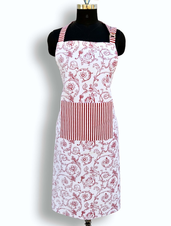 Apron, red swirl print, victorian pattern, kitchen accessory, 100% cotton, size 27"X 35"
