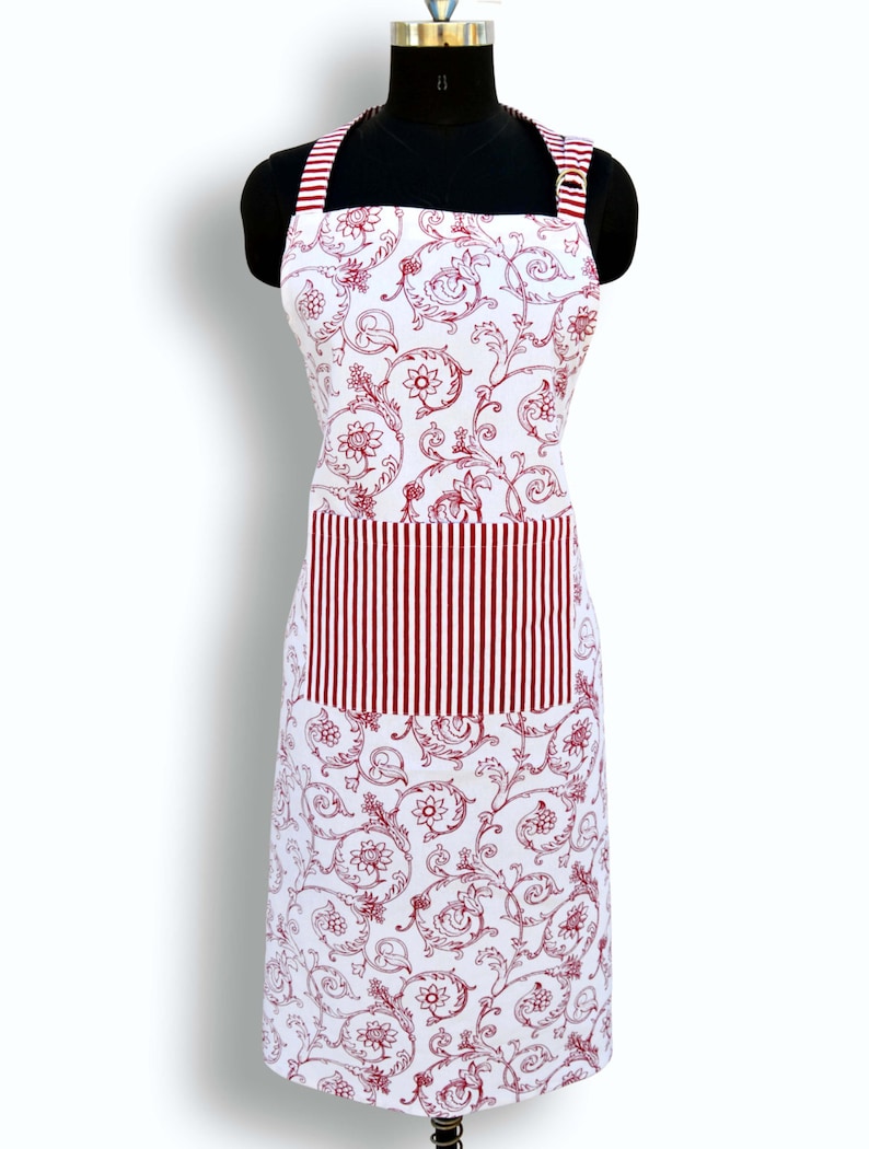 Apron, red swirl print, victorian pattern, kitchen accessory, 100% cotton, size 27"X 35" image 2