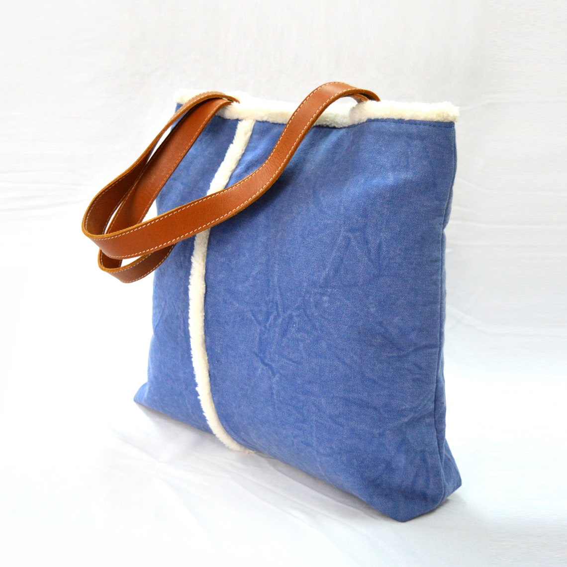 SALE Blue Canvas Tote Bag With Pure Leather Handles and Faux Etsy
