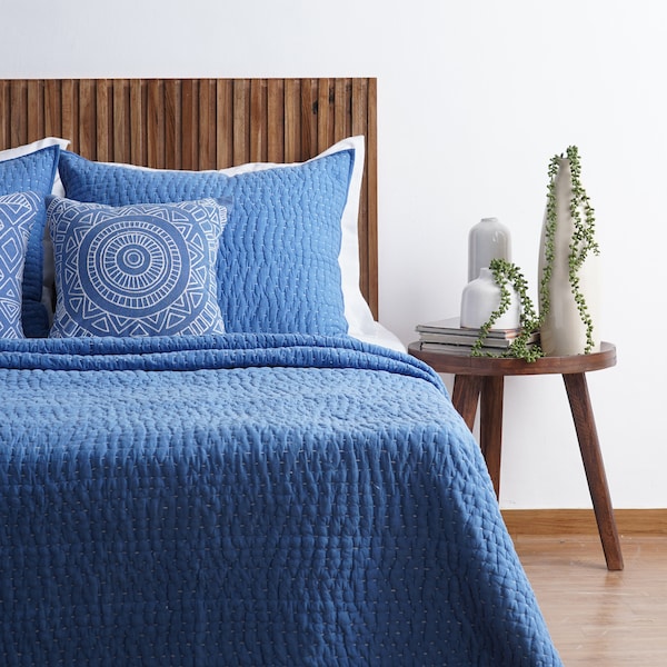 Denim Blue Stonewashed Kantha Quilt-Set – 100 % Baumwolle, verschiedene Größen