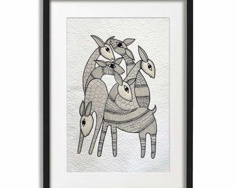 Quilted Textile WALL ART, Gondal art Deer Herd, black and white & beige, 18X30 inches