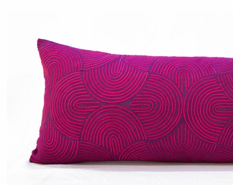 KASHIDAKAARI - Magenta long lumbar cotton pillow cover with modern retro pattern embroidery, 12X30 inches and other sizes available