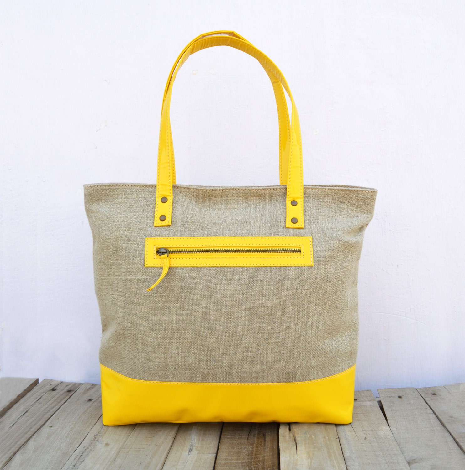 Large Yellow Tote Bag in Linen and Yellow Faux Leather Etsy India