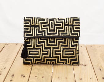 Mola purse, Black and gold colour bag, foldover clutch, embroidered, 10X8 inches