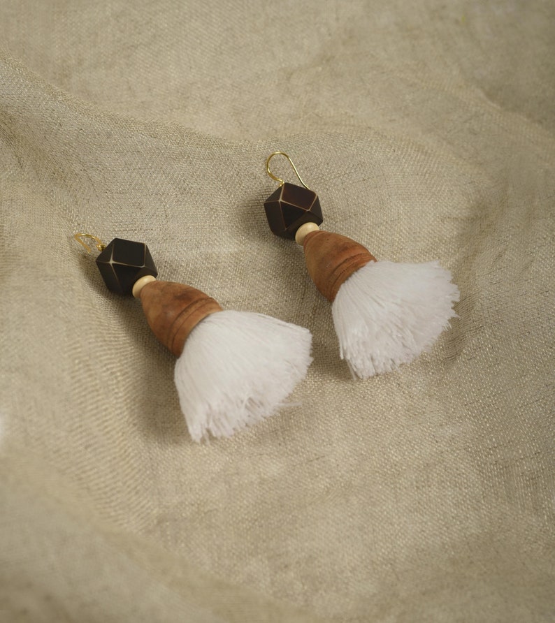 threader earring tassel earrings tribal jewelry White boho earrings Bohemian earring with wood cone and wood bead