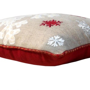 Christmas linen pillow cover, snowflake, Indian brocade applique & embroidered pillow size 16X 16 image 2