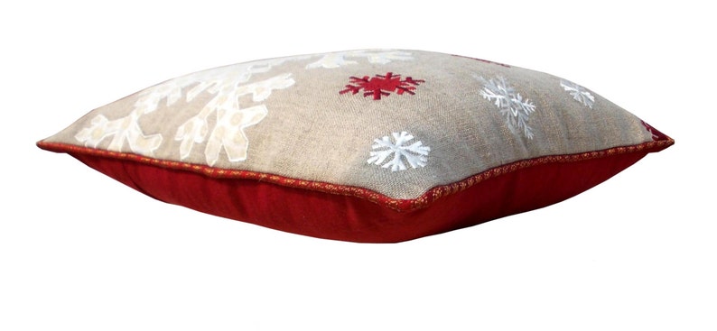 Christmas linen pillow cover, snowflake, Indian brocade applique & embroidered pillow size 16X 16 image 2