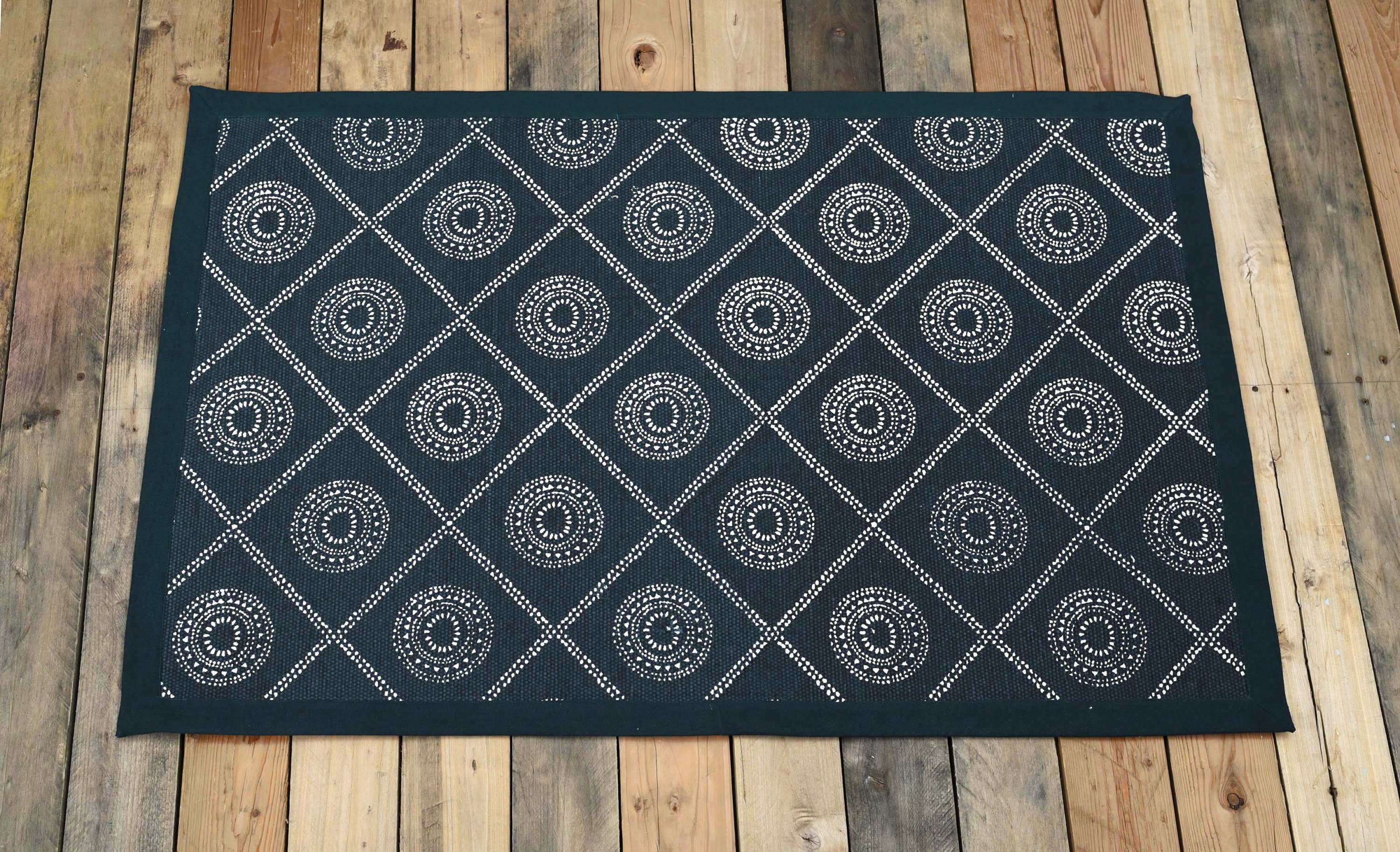Indigo Cotton Printed Rug, Geometric Tribal Print, Rustic Decor (24x36 ...