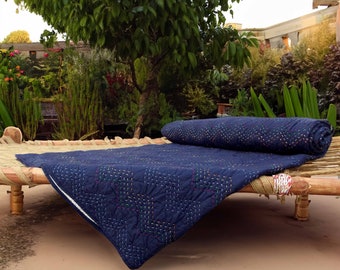 QUILTED INDIGO chevron pattern kantha quilt - 100% cotton, Sizes available