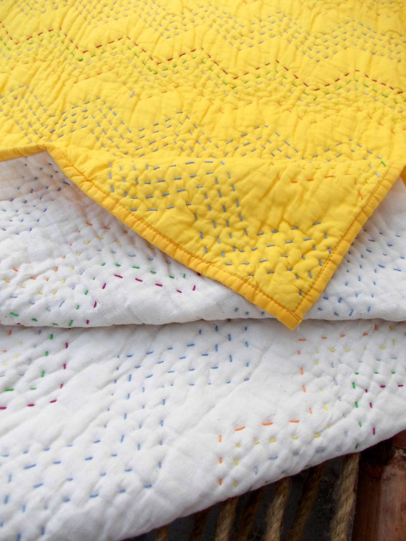 Yellow quilted bedspread chevron pattern zig zag quilting ...