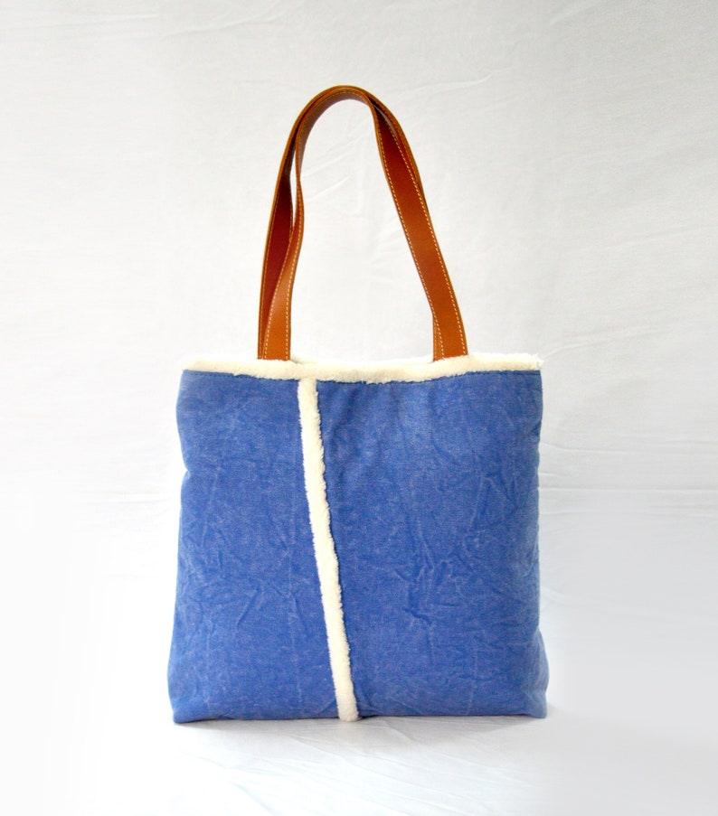 SALE Blue Canvas Tote Bag With Pure Leather Handles and Faux - Etsy