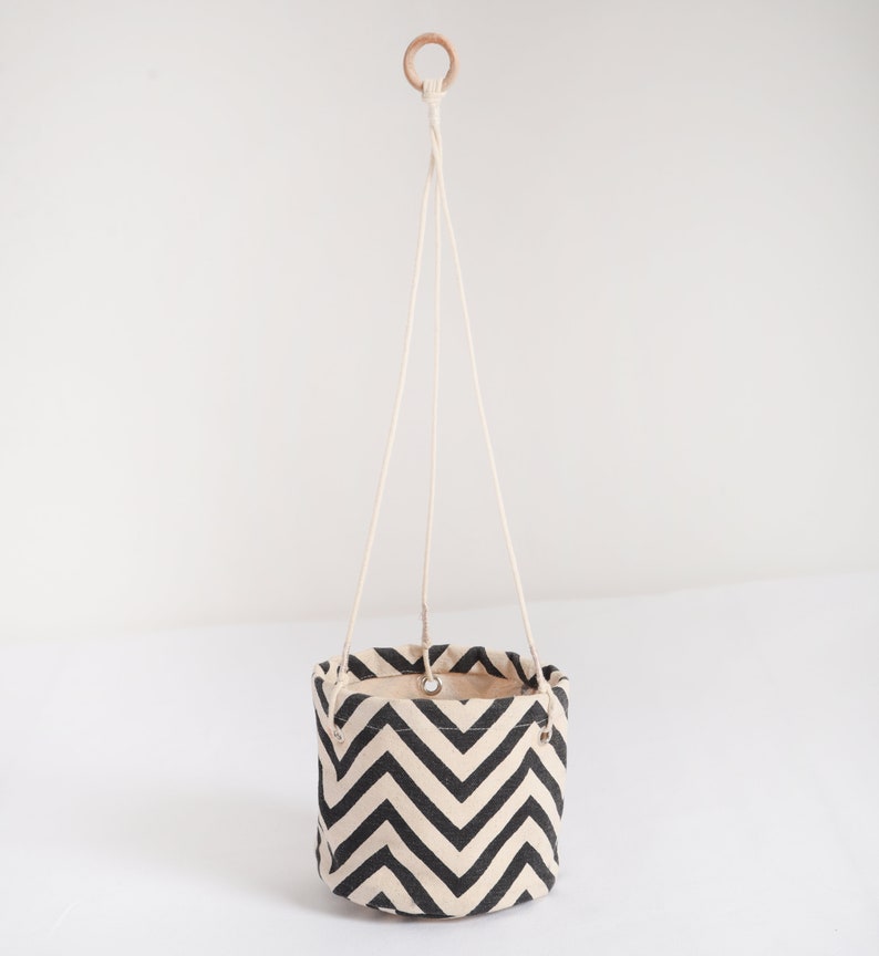 Cotton Canvas plant hanger, chevron pattern, black and white image 3