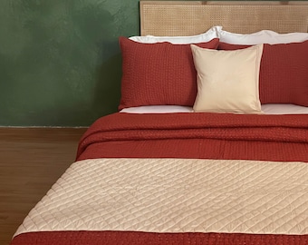 Beige Quilted Bed Runner Set with Embroidered Pillow Cover