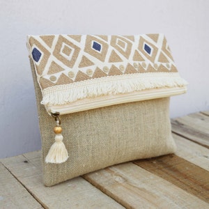 Boho pouch, moroccan, natural colour linen bag, foldover clutch, embroidered, 10X8 inches