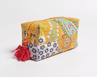 Yellow toiletry bag, kantha pouch, make up or cosmetic bag, utility pouch, 4X3X8 inches