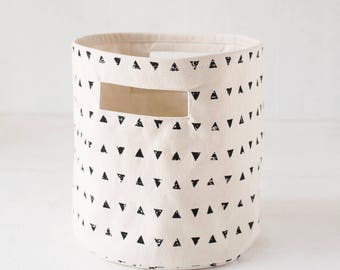 Storage basket, triangle print, black and white, canvas fabric, laundry hamper, fabric bucket, sizes available