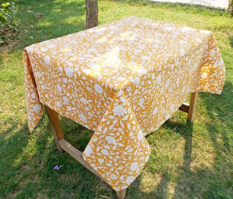 Yellow cotton table cloth floral print mustard kalamkari pattern