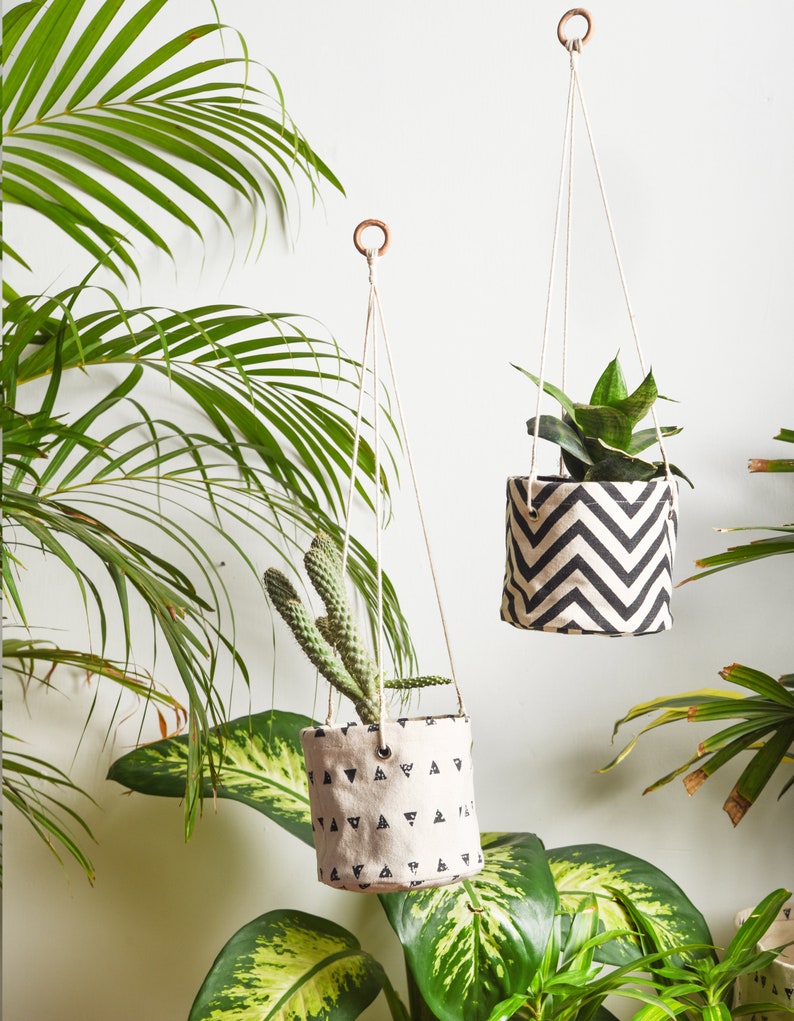 Cotton Canvas plant hanger, chevron pattern, black and white image 7