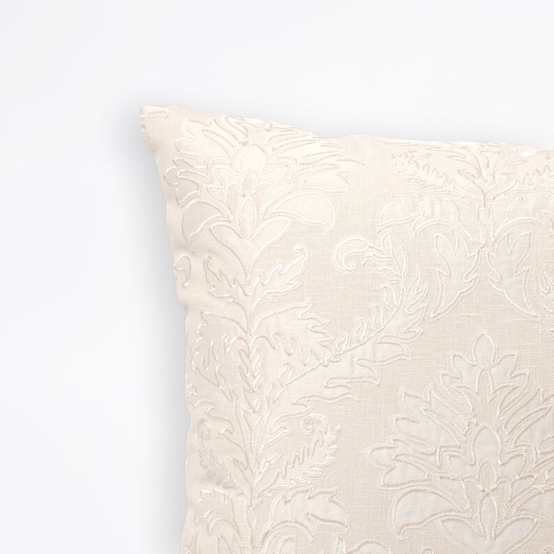 Off White Damask pattern applique and Embroidery pillow cover, Linen blend fabric, available in 16X16 inches, custom sizes on request image 5