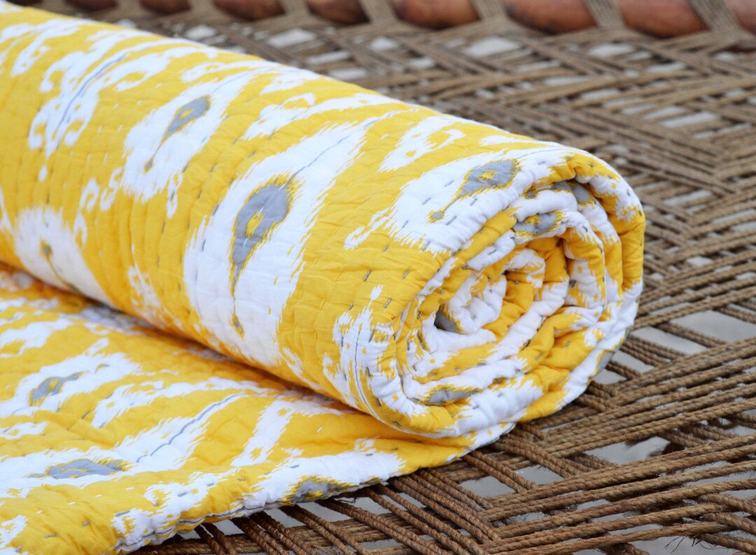 Quilted Bedspread, Ikat Print, Yellow Cotton Quilt, Bohemian Quilt, 100