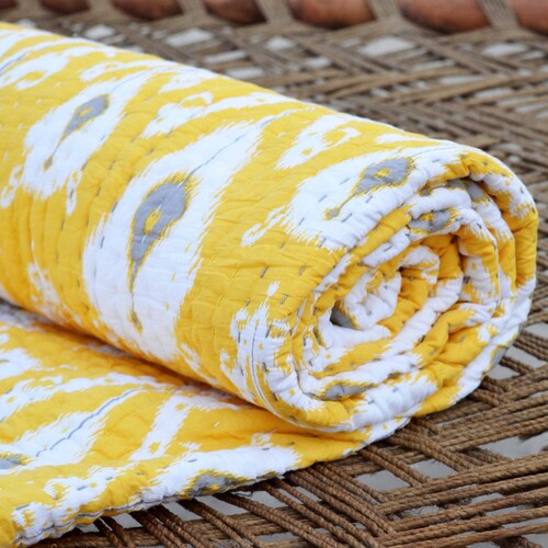 Quilted Bedspread Ikat Print Yellow Cotton Quilt Bohemian Etsy
