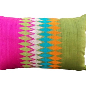 Silk pillow cover,ikat, multicolour embroidery, Pink/green, asian style, bright colour lumbar pillow, Indian ethnic.