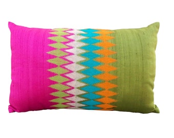 Silk pillow cover,ikat, multicolour embroidery, Pink/green, asian style, bright colour lumbar pillow, Indian ethnic.
