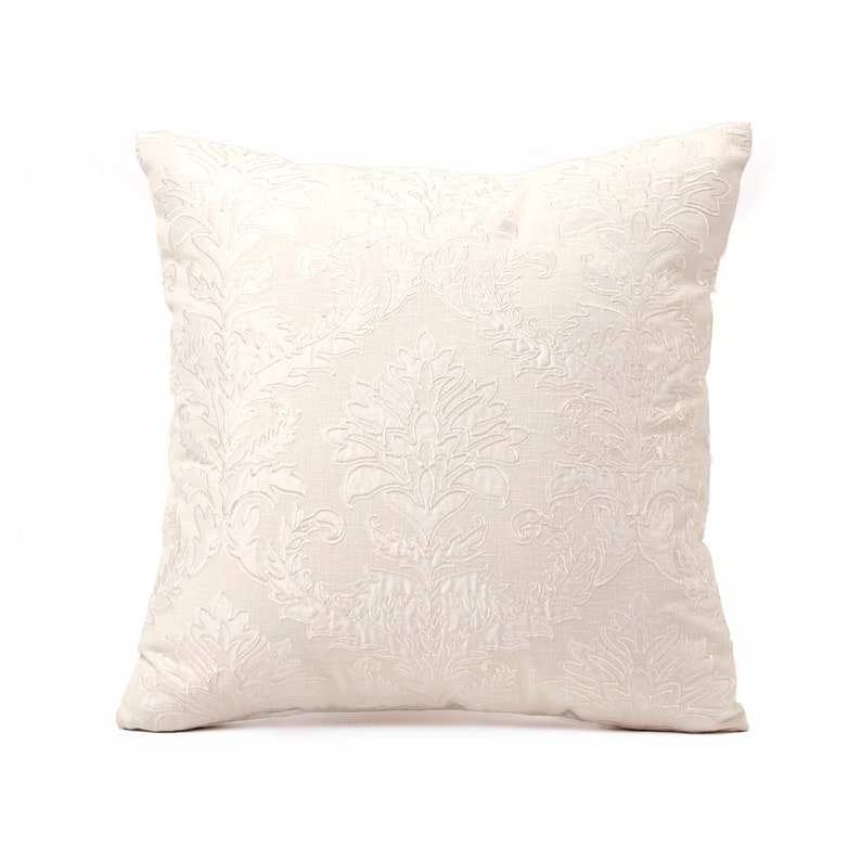 Off White Damask pattern applique and Embroidery pillow cover, Linen blend fabric, available in 16X16 inches, custom sizes on request image 1